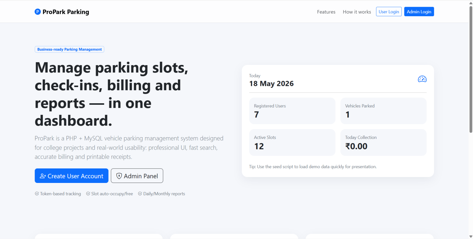 Vehicle Parking Management System Final Year PHP Project zoomed preview